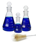 3 Piece Glass Erlenmeyer Flask Set 50ml 150ml 250ml with Stoppers and Cleaning Brush Borosilicate 3.3 Narrow Mouth