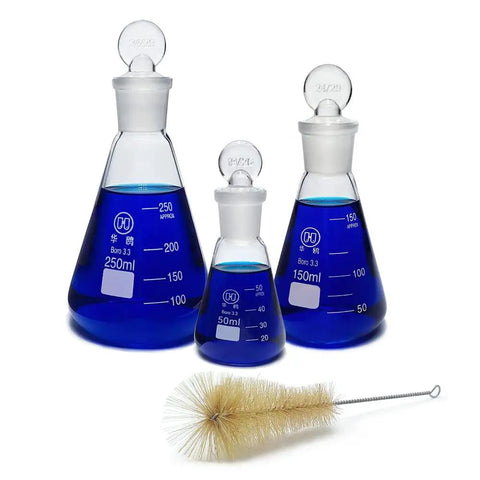 3 Piece Glass Erlenmeyer Flask Set 50ml 150ml 250ml with Stoppers and Cleaning Brush Borosilicate 3.3 Narrow Mouth