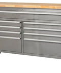 Rolls Like A Champ Badass 15 Drawer Tool Chest With Solid Rubber Wood Top, silver steel body, mobile workbench design.