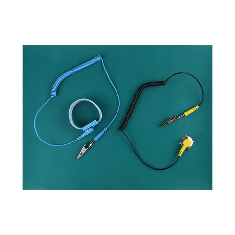 Flat lay of Pro Grade Anti Static Work Mat With Wrist Strap And Grounding Cord For Electronics Repair And PC Building 11 8 By 15 7 Inches ESD Safe Bench Pad With Surface Resistivity 106 To 109 Ohms For Peak Static Protection, showing blue strap and black cord on green mat