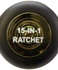 Top view of 15-in-1 Ratcheting Multi-Bit Screwdriver handle cap with ratchet mechanism and logo.