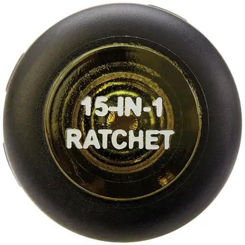 Top view of 15-in-1 Ratcheting Multi-Bit Screwdriver handle cap with ratchet mechanism and logo.
