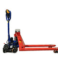 Huge 11023 Lbs Electric Pallet Jack Walkie Truck With Auto Brake And Fast Charge For Heavy Industrial Work Moving Cars And Machinery On Job Sites side view with blue handle and red forks.