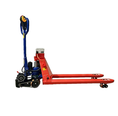 Huge 11023 Lbs Electric Pallet Jack Walkie Truck With Auto Brake And Fast Charge For Heavy Industrial Work Moving Cars And Machinery On Job Sites side view with blue handle and red forks.