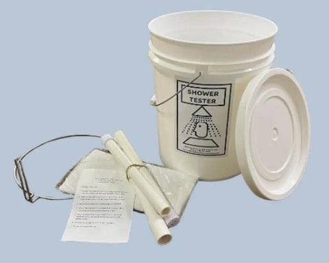 Emergency Safety Shower Tester Kit With Funnel, Handle, And Pail for Industrial And Laboratory Testing And Flushing includes PVC pipes and pail.