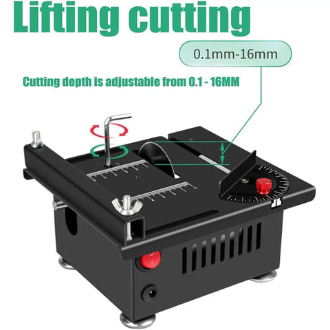 Top Shelf Mini Table Saw And Heavy Duty Portable Craft Station For Wood Cutting Sanding Engraving Drilling All In One Adjustable Desktop Power Tool, showing adjustable cutting depth.