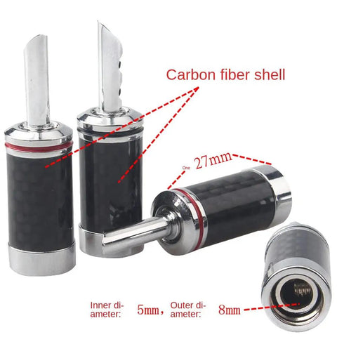 Top Shelf Banana Plugs Quad Pack With Secure Screw Lock Mechanism And Smooth Carbon Fiber Shell For Crisp Signal Transfer showing dimensions.