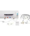 Rock Solid 15.9 Gallon Electric Water Heater With 1500 Watt Fast Heating Element showing unit and accessories for installation.