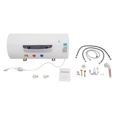 Rock Solid 15.9 Gallon Electric Water Heater With 1500 Watt Fast Heating Element showing unit and accessories for installation.