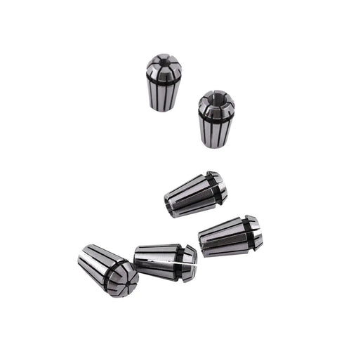 Super Tough 15 Pc Spring Collet Set ER11 High Carbon Steel, six collets displayed with precision grooves for CNC workholding.