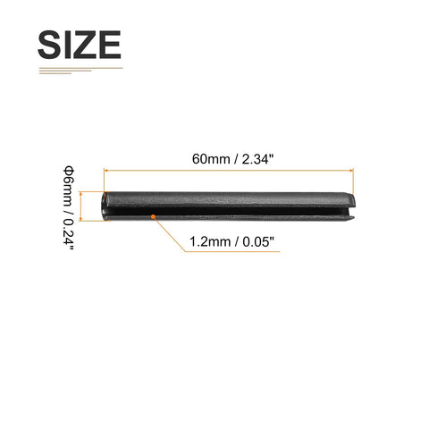 Pro Grade 6mm By 60mm Slotted Spring Pin Set 30 Pack 65Mn Steel showing dimensions and thickness