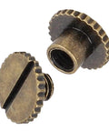 30 Pack Brass Book Rivets With Knurling Flat Leather Binding Buttons for DIY Leather Craft shown in bronze finish, close-up view.