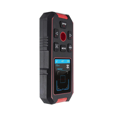 Heavy Duty 3 In 1 Stud Finder And Wall Scanner Straight Shooting Accuracy With Built In Digital Level Knock Out Lcd Display Auto Calibration Loud Beeps No Guesswork Precision Wood Metal Nail Locator, black casing, LCD screen, side view.