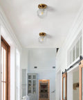 Gold Semi Flush Mount Ceiling Light With Globe Glass, Vintage Indoor Fixture in a hallway, close to ceiling design