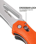 Close-up of Hawkbill Pocket Knife With Stainless Steel Blade For Cable Skinning And Line Work, showing ambidextrous bar lock.