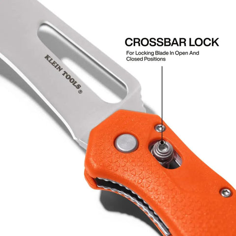 Close-up of Hawkbill Pocket Knife With Stainless Steel Blade For Cable Skinning And Line Work, showing ambidextrous bar lock.