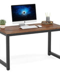 Front view of 47 Inch Modern Rustic Computer Desk with wide wood desktop, metal legs, adjustable feet, ideal for home office workstation