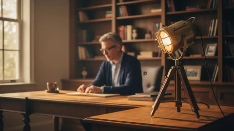 Dope Vintage Industrial Tripod Table Lamp With Teak Wood Base, Brown Brass Finish, And Rustic Gold Accent, lit in a home office