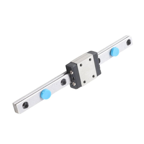 100mm linear rail guide with sliding block on aluminum rail; silver rail, gray carriage, blue adjustment caps.