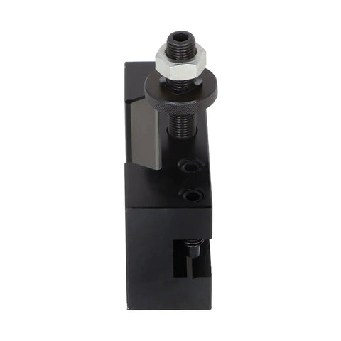Pro Grade Wedge Type Quick Change Lathe Tool Holder Set Featuring Top Shelf Hardened Steel Construction And Rock Solid Performance For Mini Metal Lathes Precision Cutting, close-up view of tool post.