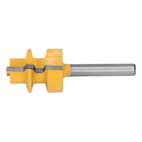 High Strength Reversible T Slot Router Bit With Tungsten Carbide Blade For Precise Woodworking Mortising And Splicing Joints Using 1/4 Inch Round Shank Cutter Tool, yellow cutter with steel shank.