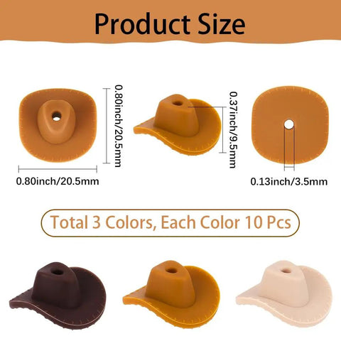 Cowboy Hat Silicone Beads Set For Jewelry Making And DIY Craft with brown, beige, burnt yellow beads, dimensions and quantity.
