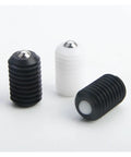 Three M8 ball head plunger screws in black and white resin, designed for quick slide installation and solid grip.