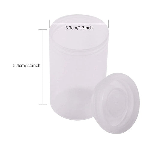 Clear 35mm Plastic Film Canister Set Of 20 With Lids For Storage And Organization Durable PP Jars image showing dimensions and lid detail