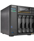 Four Bay Network Attached Storage Built To Last With Blazing Fast AMD Ryzen Quad Core Processor And Sixteen Gigabyte DDR5 Memory Triple One Terabyte NVMe Drives Dual Ten Gigabit Plus Five Gigabit Ethernet Ports For Zero Lag Heavy Duty Workflow, front view showing drive bays and LED indicators.