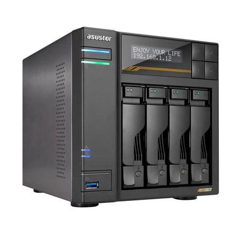 Four Bay Network Attached Storage Built To Last With Blazing Fast AMD Ryzen Quad Core Processor And Sixteen Gigabyte DDR5 Memory Triple One Terabyte NVMe Drives Dual Ten Gigabit Plus Five Gigabit Ethernet Ports For Zero Lag Heavy Duty Workflow, front view showing drive bays and LED indicators.