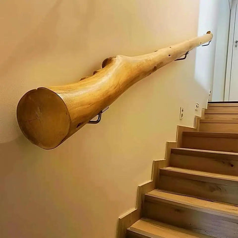 Rock Solid Wood Wall Mounted Stair Handrail With Tight Non Slip Grip For Indoor Outdoor Stairs No Sweat Installation Heavy Duty Safety Railing Available In Multiple Lengths, close view of natural wood grain and organic shape.