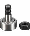 CF10 KR22 Needle Roller Bearing Cam Follower with 22mm roller, 12mm width, and threaded stud, shown with accompanying nut for secure attachment.