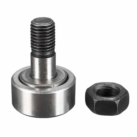 CF10 KR22 Needle Roller Bearing Cam Follower with 22mm roller, 12mm width, and threaded stud, shown with accompanying nut for secure attachment.