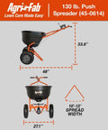 Big Yard Workhorse 130 Lb Walk Behind Lawn And Garden Broadcast Spreader For Seed Fertilizer Salt Ice Melt With 10 To 12 Feet Spread Easy Flow Control Lever 13 Inch Pneumatic Tires, dimensions labeled