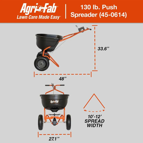 Big Yard Workhorse 130 Lb Walk Behind Lawn And Garden Broadcast Spreader For Seed Fertilizer Salt Ice Melt With 10 To 12 Feet Spread Easy Flow Control Lever 13 Inch Pneumatic Tires, dimensions labeled