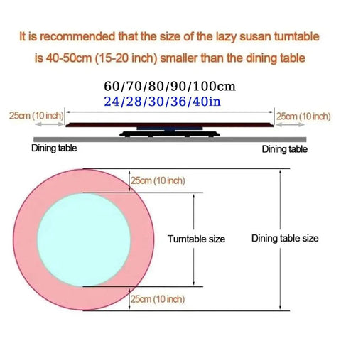 Diagram showing size recommendations for Round Black Rotating Glass Lazy Susan Turntable for Dining Tables 60 to 100 Cm Easy to Clean.