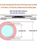Diagram showing Round Glass Lazy Susan Turntable For Dining Table 60 To 100 Cm Rotating Serving Tray size recommendations