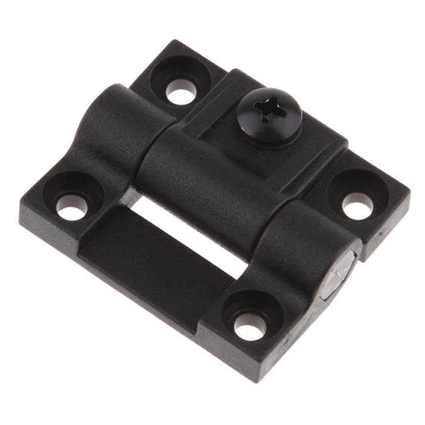Adjustable Position Control Torque Hinge Two Pack For 43mm By 36mm Plastic Hinge With Four Pre Drilled Countersunk Holes Black E6 10 301 20 Series Door And Cabinet Hinges, shown in close-up view