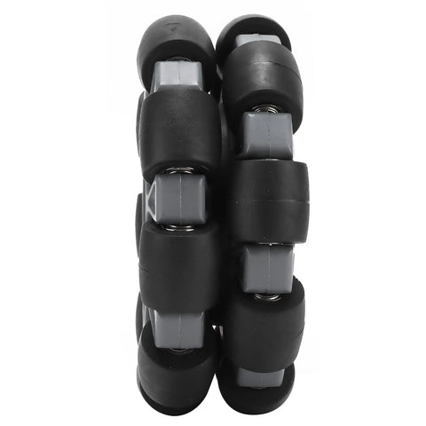 Front view of multiple 100mm nylon-rubber omni wheels with gray hub blocks for robot wheels