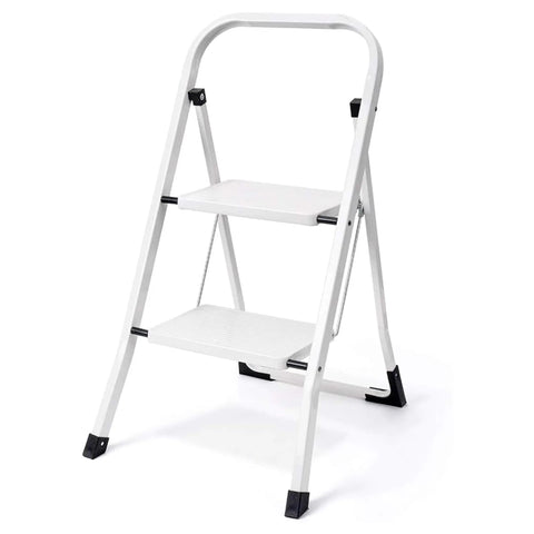 Two Step Folding Ladder With Handgrip And Wide Anti Slip Pedals Heavy Duty Safe Lightweight Step Stool For Kitchen Or Closet Portable And Durable Two Feet Tall with white frame and black feet