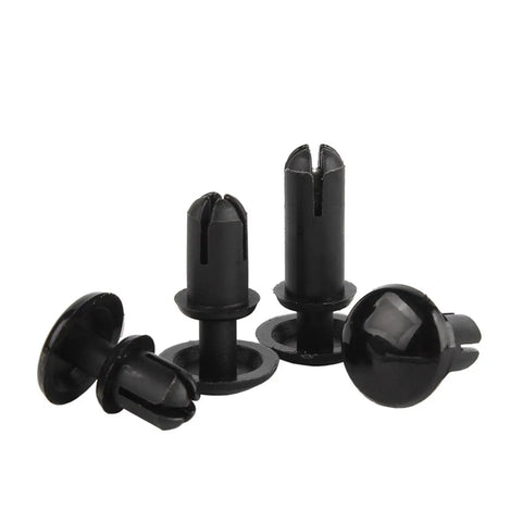 Plastic R Type Expansion Rivet Clips Tight Lock PCB Board Fasteners Swap It Out Hardware Replacement Screw Alternative Heat Resistant Quick Install 150 Pack Black in close-up view.