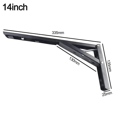 Two Pack Folding Shelf Brackets Black Heavy Duty Steel Collapsible Hinges 14 Inch with measurements visible