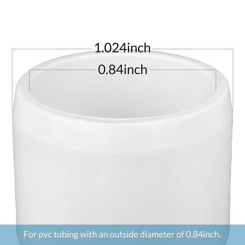 Close-up of Half Inch PVC Pipe End Cap Plug Socket Adapter, white, showing OD measurement of 0.84 inches for DIY furniture projects.