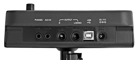 Rear view of Turbo Drum Module Bundle With Cable Snake Harness Power Adapter User Manual And Silverline Audio 10ft Auxiliary Cable.