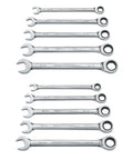Ratcheting Combination SAE and Metric Wrench Set, Ten Piece, 12 Point, 72 Tooth Box End, Off Corner Load Design for Better Grip