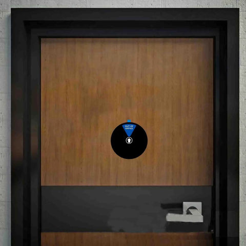 Door Sign For Office With 6 Inch Privacy Indicator And 6 Color States on wooden door showing 'Out Of Office' status