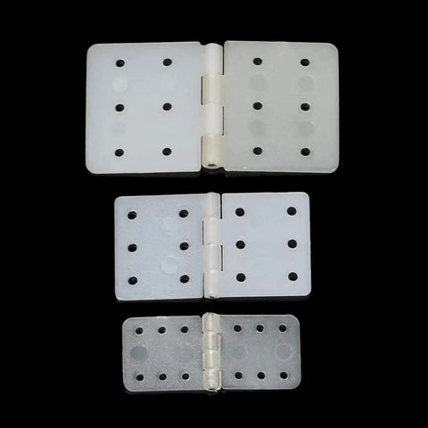 60 Pack Pinned Nylon Hinges For RC Airplane Models, Fixed Wing Parts, displayed in three sizes on a black background.