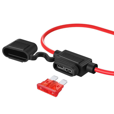 12 Gauge Inline Fuse Holder with ATC ATO 15A fuse, heavy-duty 12 AWG red wiring harness, waterproof cap