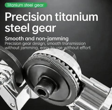 Close-up of precision titanium steel gear on drill nibbler sheet metal cutter attachment.