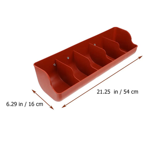 Heavy Duty Five Compartment Piglet Feed Trough With No Sweat Plastic Livestock Manger For Farm Hog Water And Dry Food Swine Station showing dimensions 21.25 in by 6.29 in.